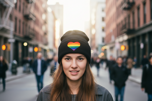 Black beanie with a rainbow heart design on a white background