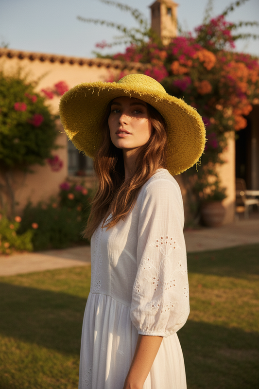 Raffia Wide-Brim Sun Hat – Hand-Crocheted, Fringe Edge, Women’s, Resort Style