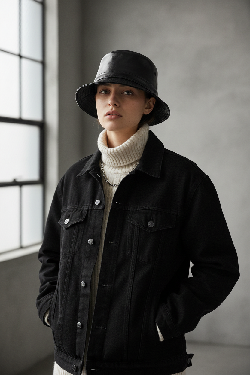 Mcguire Black Leather Fedora Hat with Sheepskin Lining