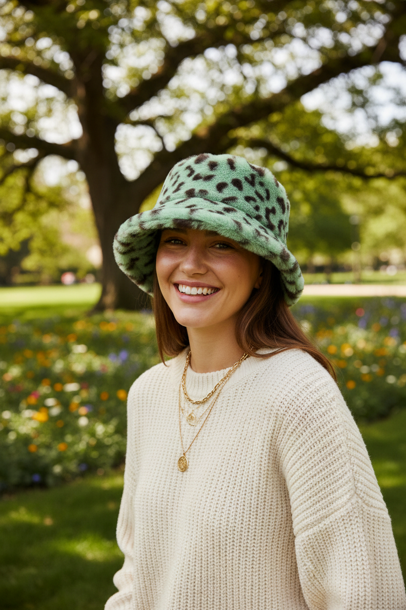 Aubrey Green Plaid Bucket Hat, Wide Brim, M