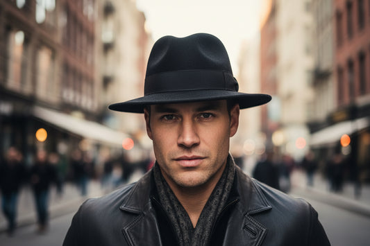 Black fedora hat on a white background