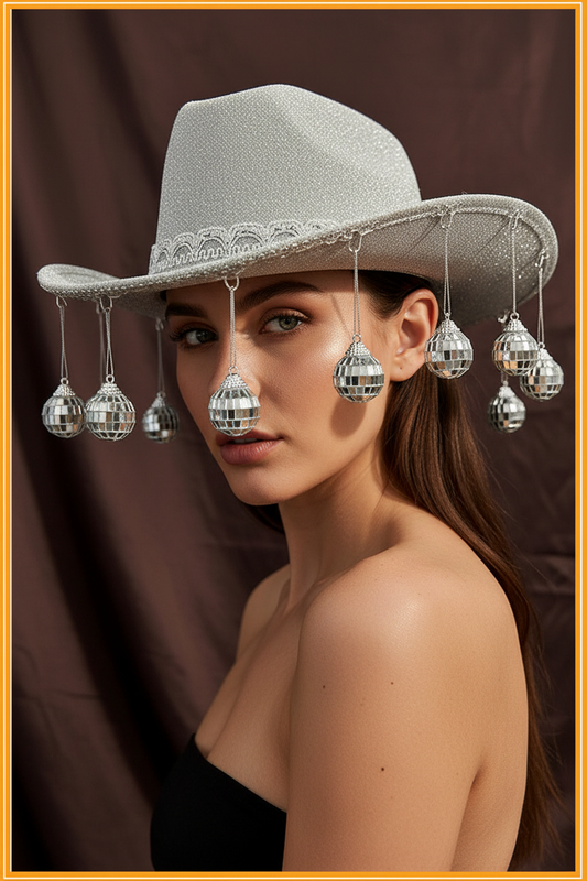 Silver glittery hat with crystal decorations on a mannequin head against a brown background