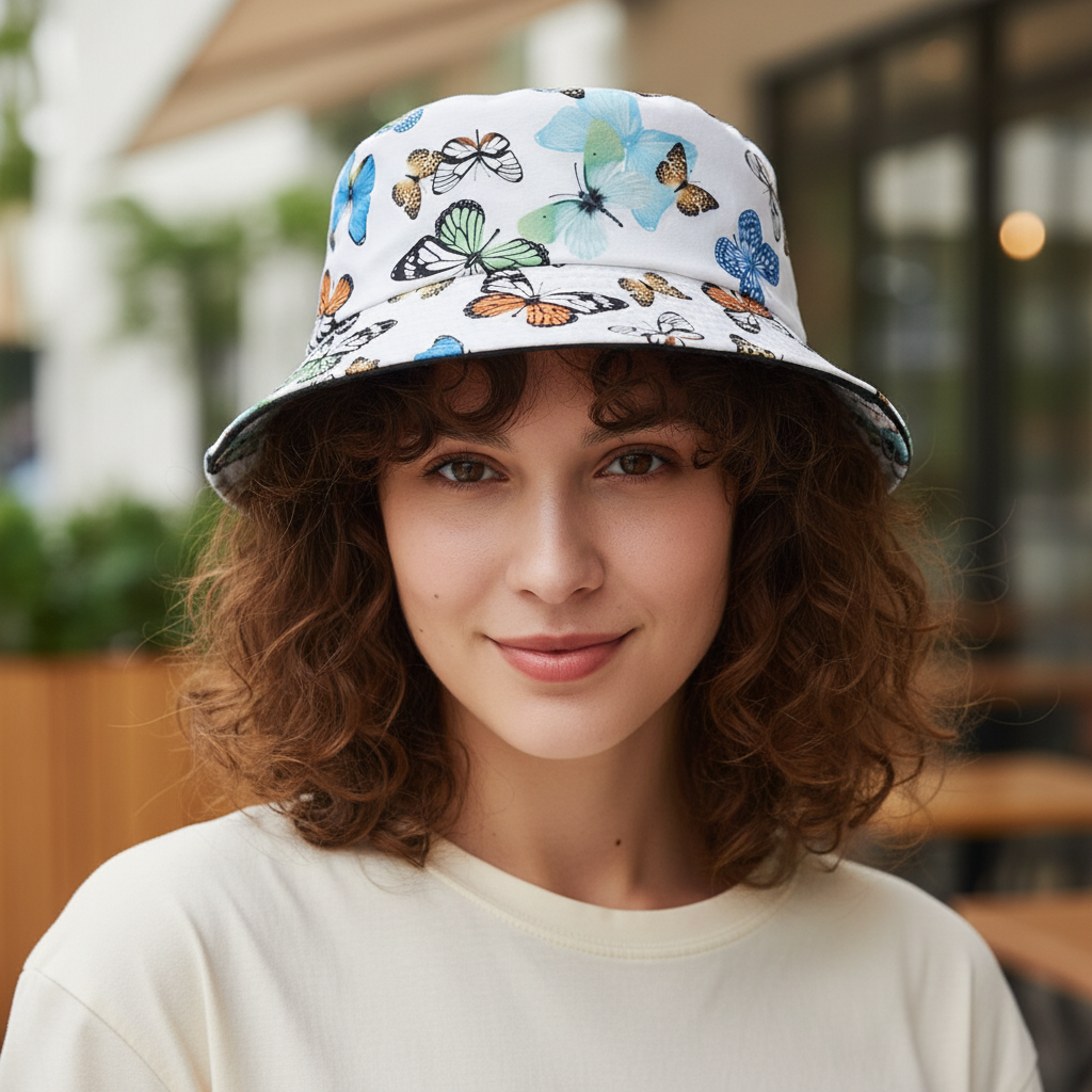 A purple fisherman hat with a colorful butterfly pattern