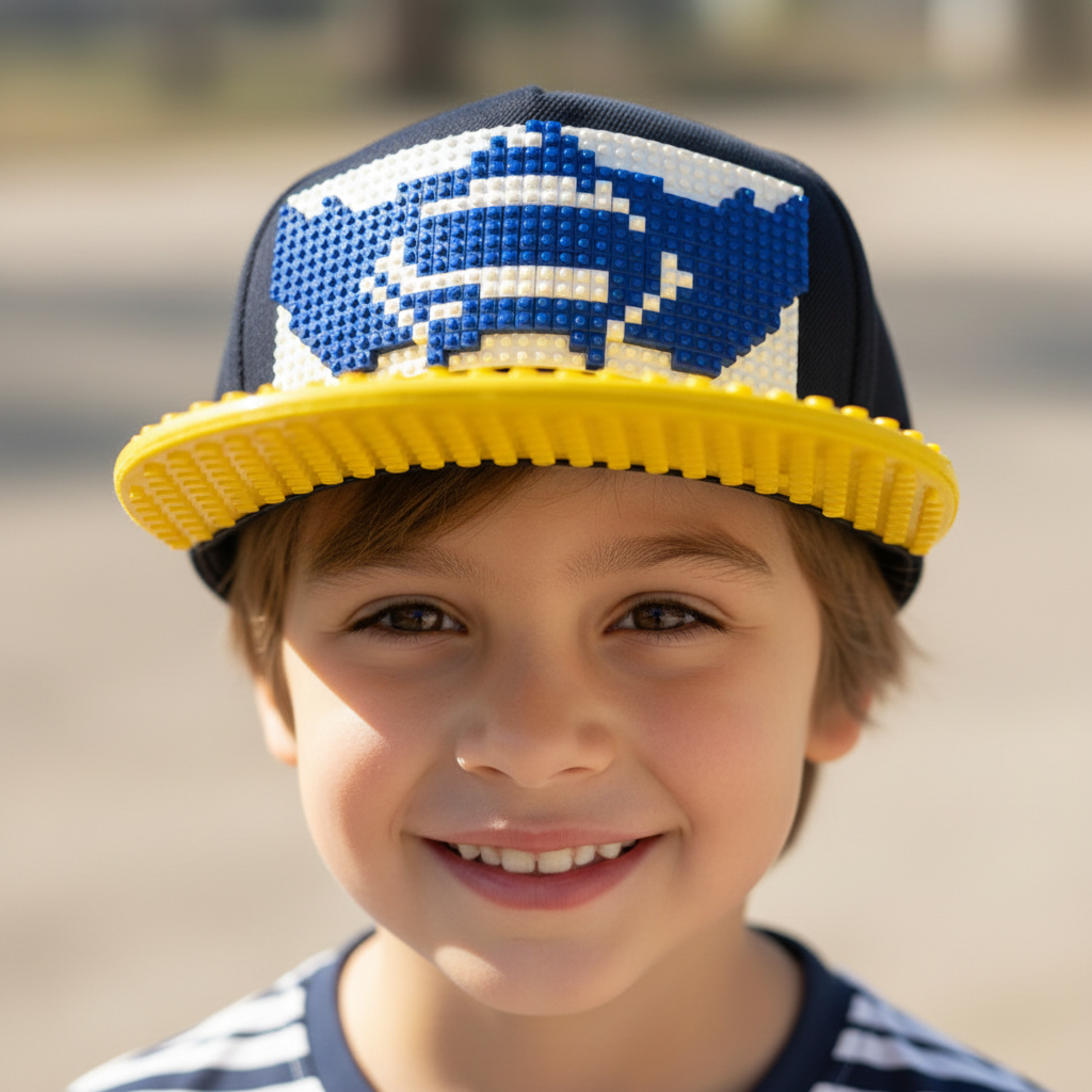 Cap with a blue and white pixelated design on a yellow base