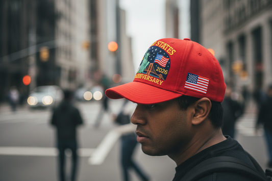 Red cap with 'United States 250th Anniversary' design featuring the Statue of Liberty and American flag on a beige background.