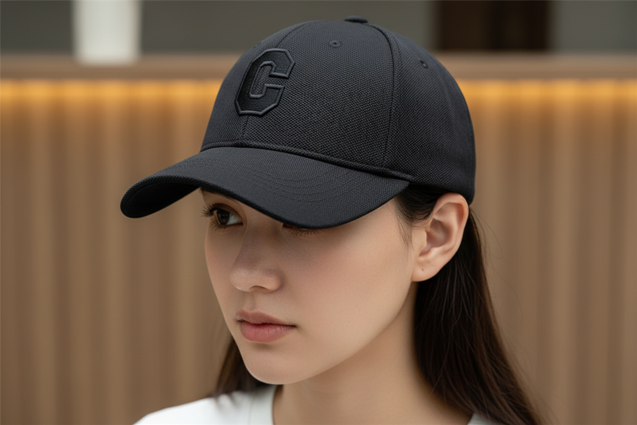 Three baseball caps with a embroidered letter 'C' on the front, placed on a wooden table. The caps are in black, beige, and khaki colors.