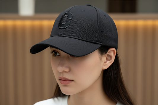Three baseball caps with a embroidered letter 'C' on the front, placed on a wooden table. The caps are in black, beige, and khaki colors.