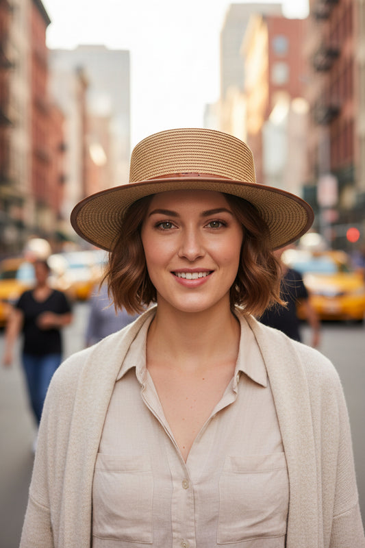 Beige straw hat with a brown leather band on a white background