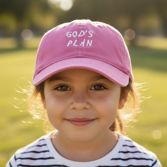 A collection of 'GOD'S PLAN' embroidered baseball caps in various colors including black, wine red, navy blue, gray, coffee, purple, pink, and light blue.