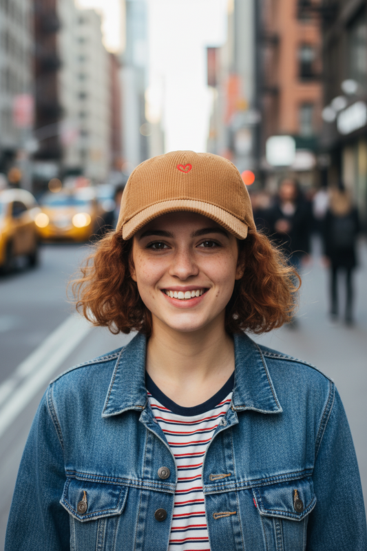 Brown ribbed knit cap with a red heart emblem on a light gray background