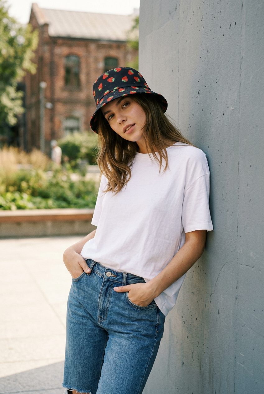 Evans Fruit Print Polyester Bucket Hat, Flat Top, Unisex