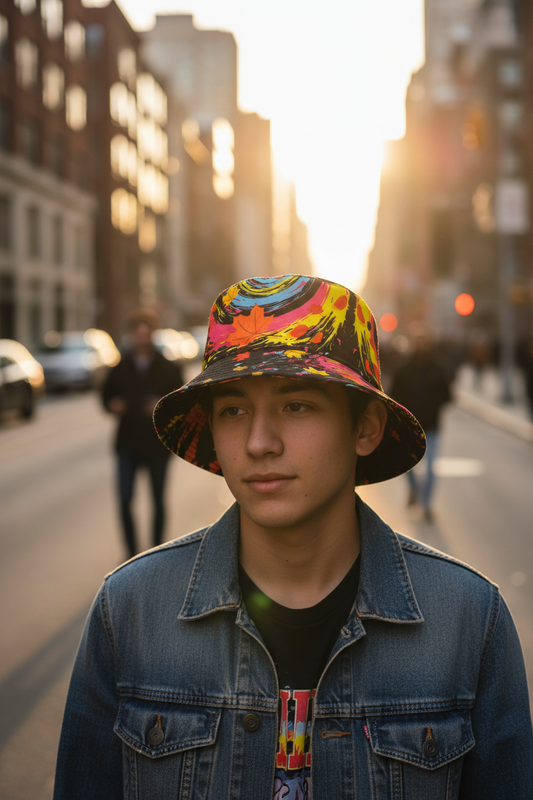 Colorful bucket hat with abstract design on a white background