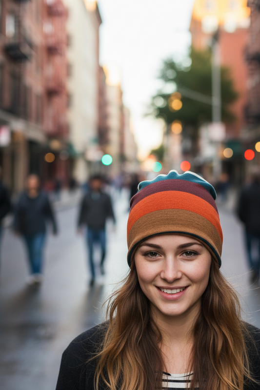 Multicolored striped beanie on a white background