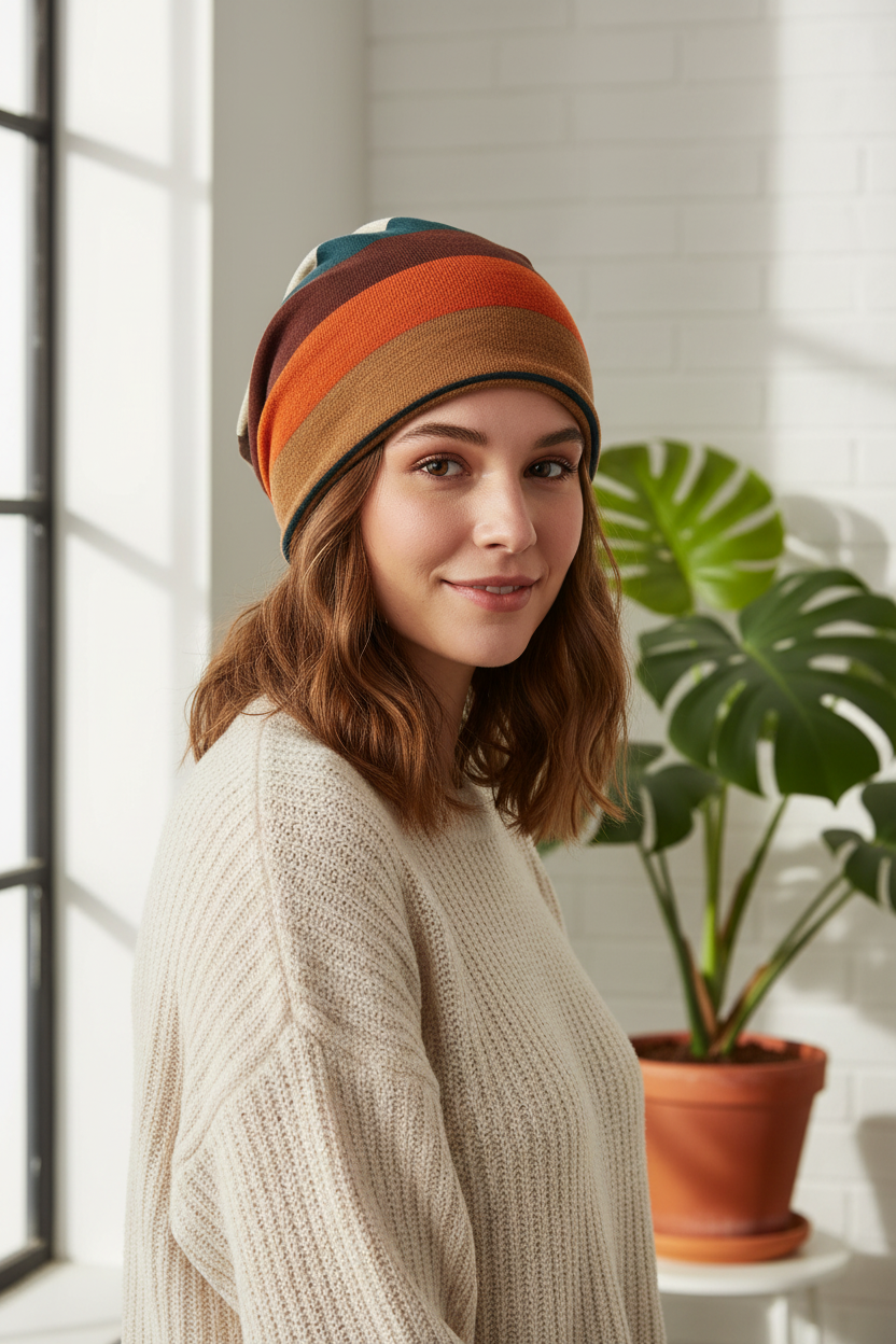 Haney Striped Cashmere Ear Protection Beanie Hat