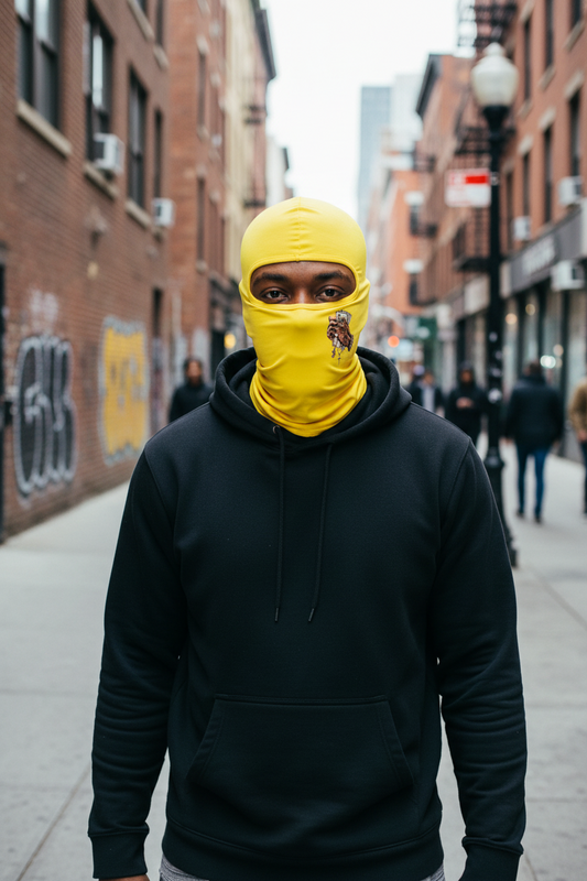 Yellow balaclava with a graphic design on a white background