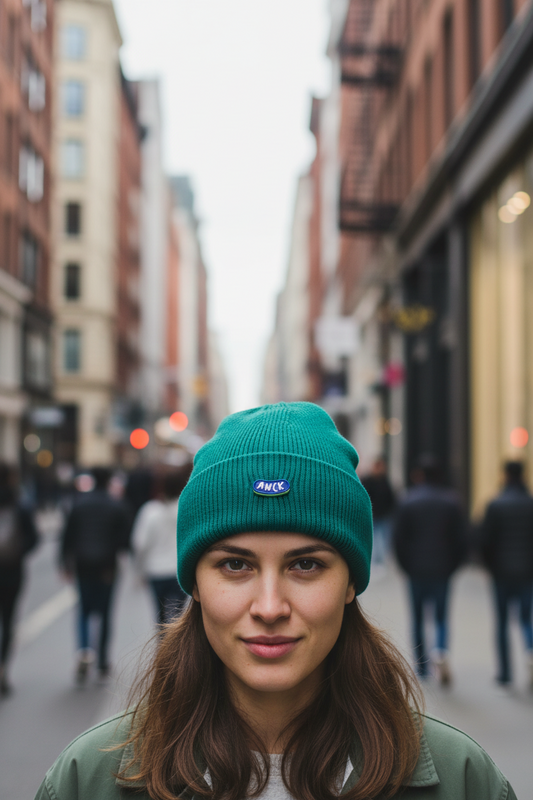 A collection of beanies in various solid colors, with the top hat in beige displaying a small logo. A color legend is presented below the hats.