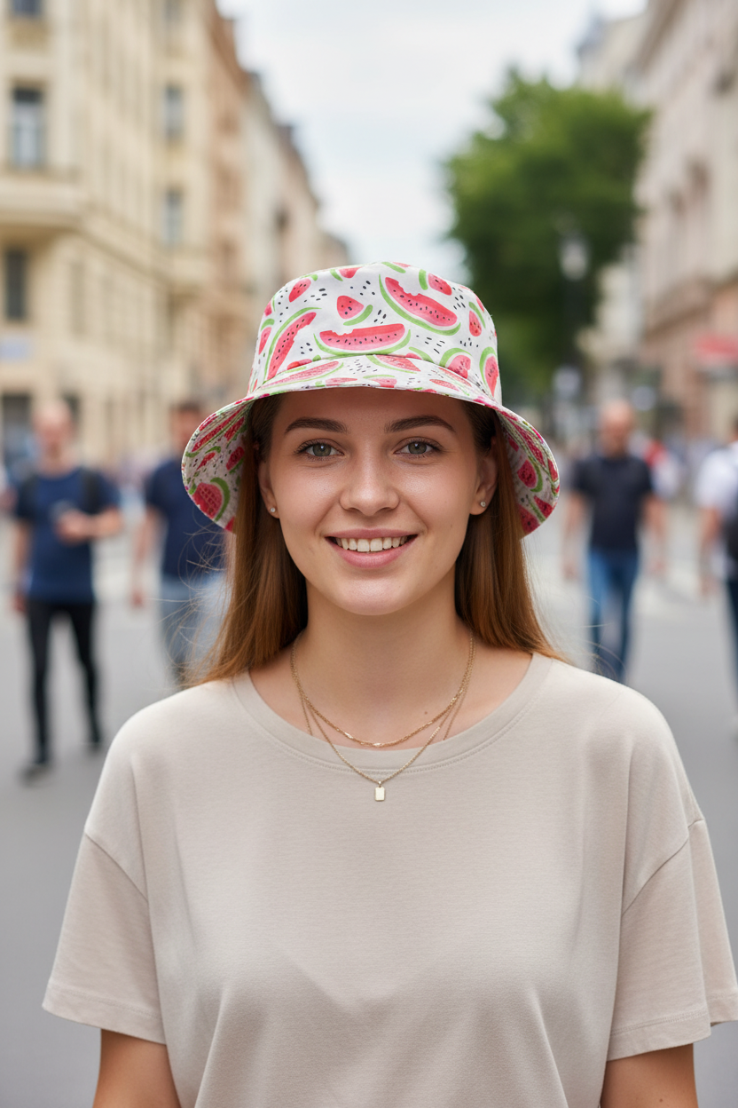 Bucket hat with watermelon pattern on a white background