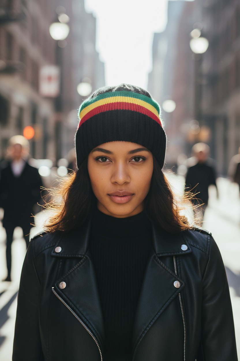 Black knit beanie with red, yellow, and green stripes on a white background