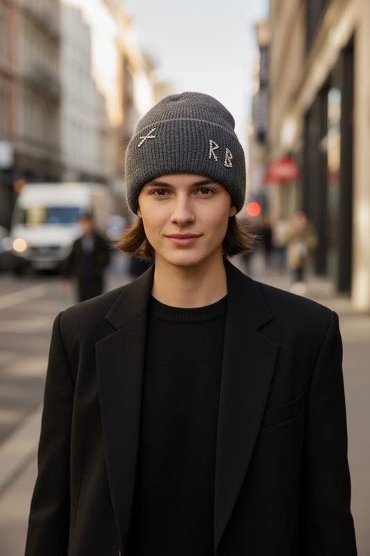 A collection of knitted hats in various colors, including black, white, gray, purple, blue, and green, featuring a furry brim and decorative letters on the front.