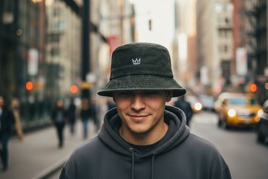 Black bucket hat with a white logo on a light gray background