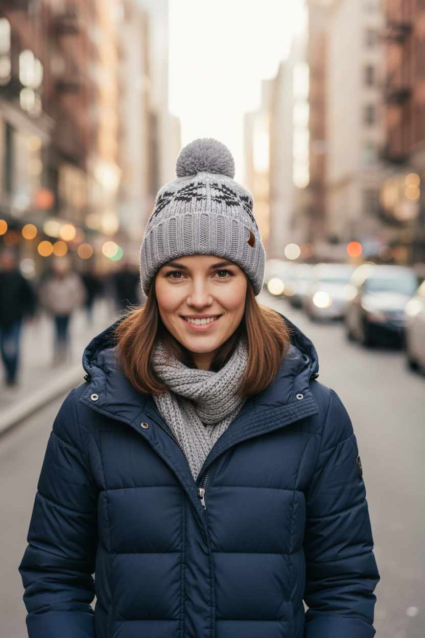 A knitted hat with a snowflake pattern and a pom-pom on the top, primarily in gray color with black geometric patterns.