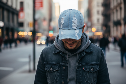 Light blue denim cap with distressed details on a white background