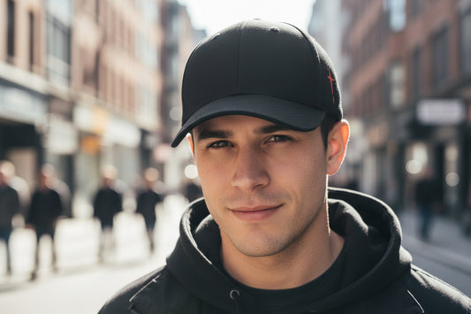 Black cap with a red star emblem on a white background