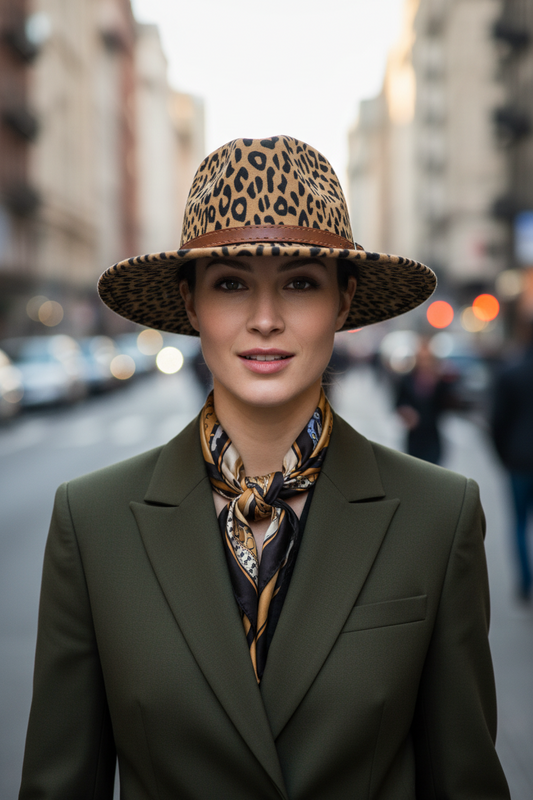 A hat with a leopard animal print, featuring a flat brim, bell crown, and a belt buckle accent.