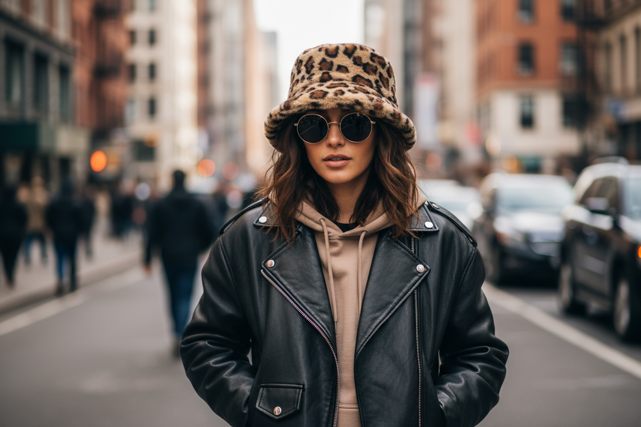 Leopard print bucket hat on a transparent background