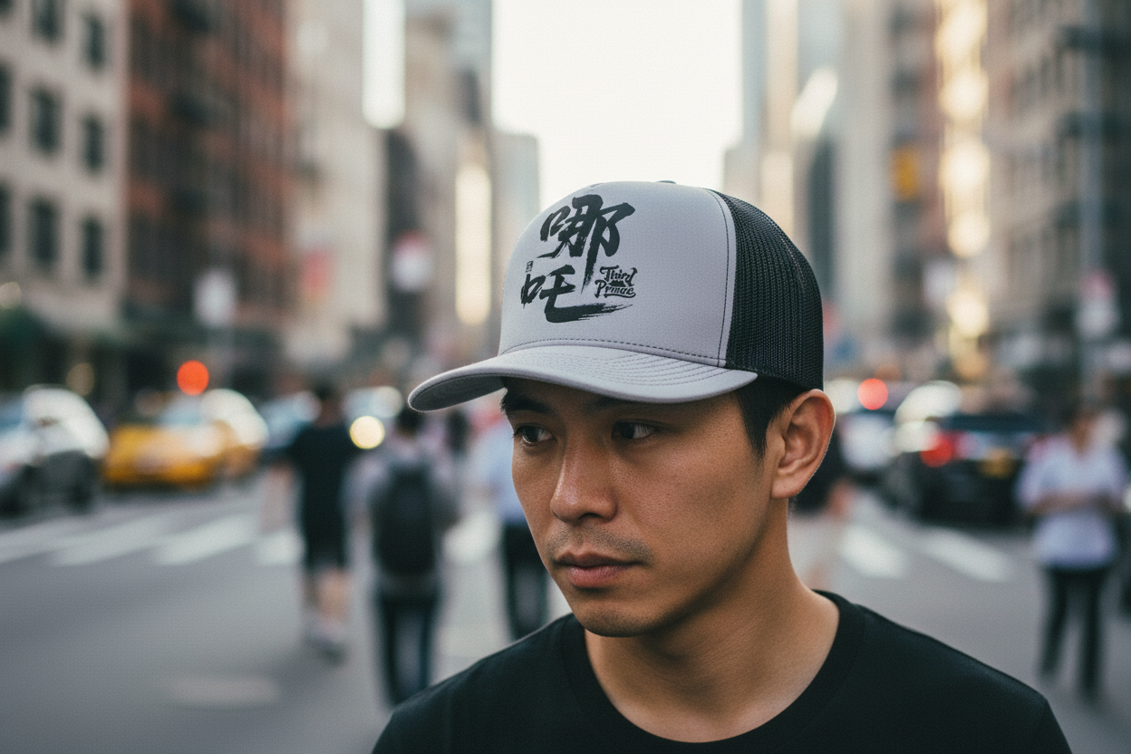 Gray and black trucker hat with black text on a white background