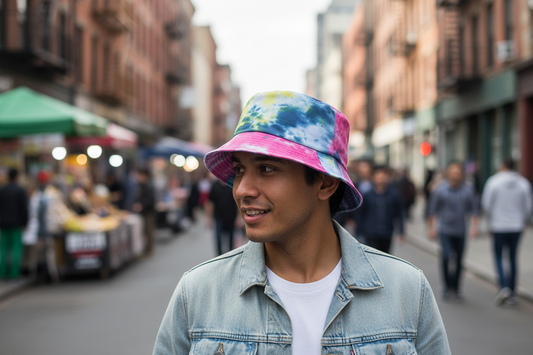 Tie-dye bucket hat with multicolor pattern on a light gray background