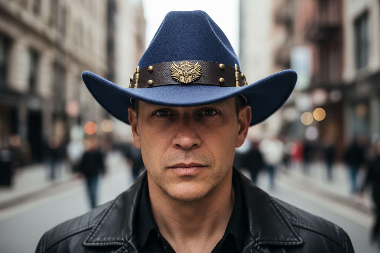 A black woollen western cowboy hat with a decorative band on a mannequin head.
