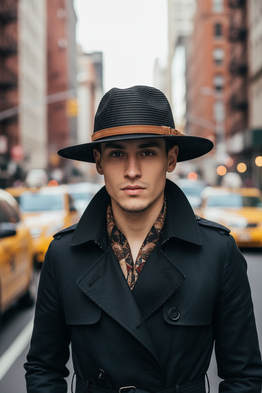 A woman's straw hat with a dome shape, featuring a beige color and a brown band with a buckle.