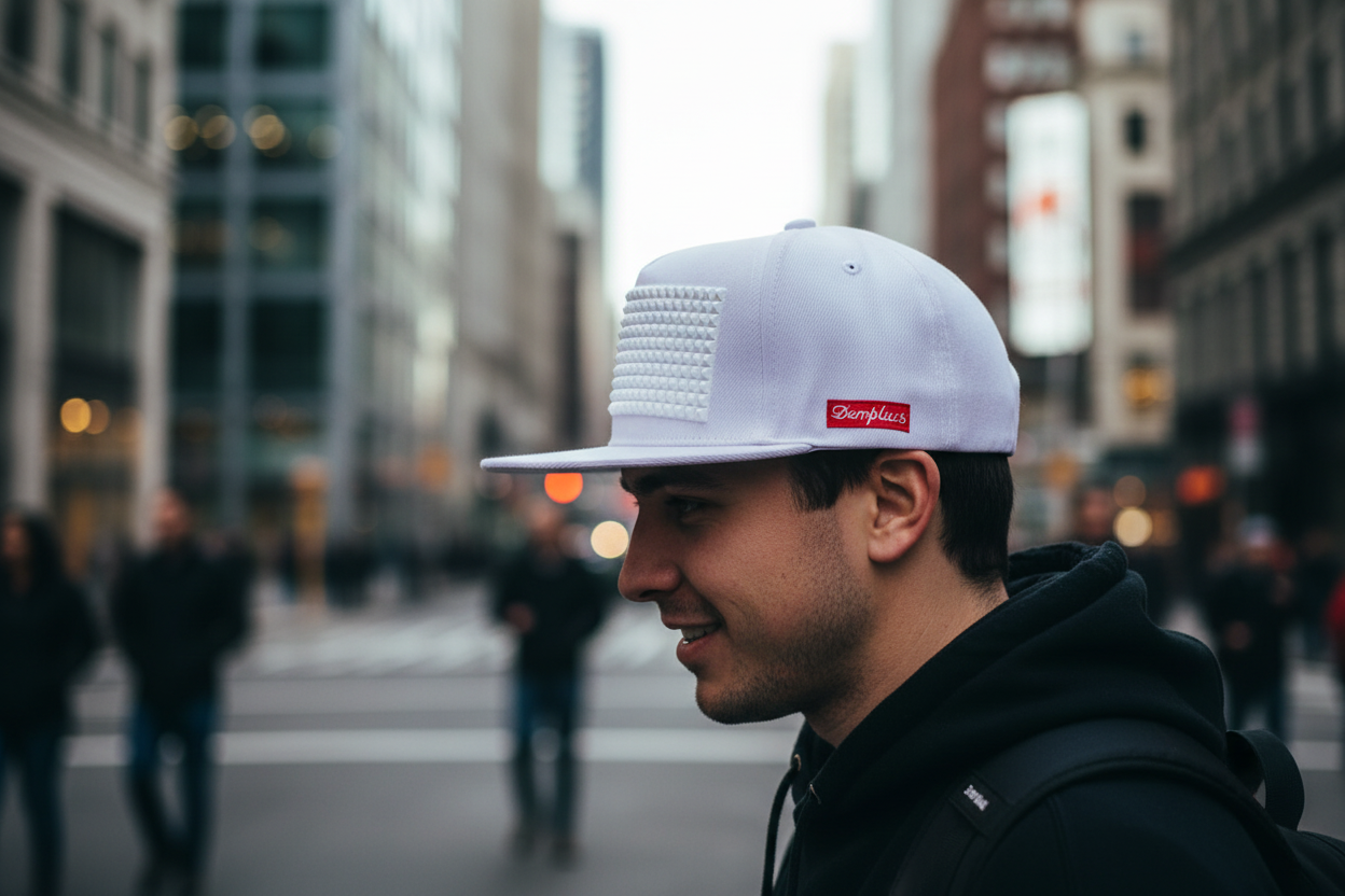 White cap with textured front panel and red logo on a white background