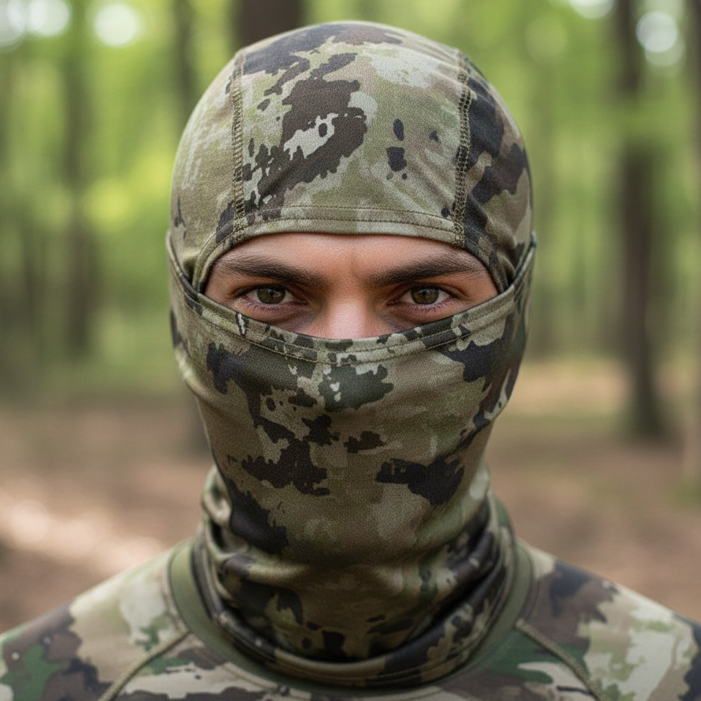 Set of camouflage balaclavas in various patterns on a white background