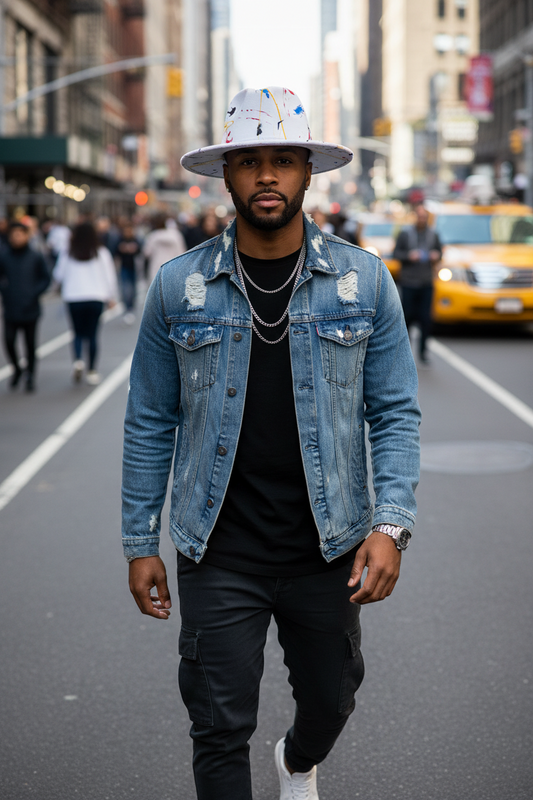 White hat with colorful paint splatter design on a white background