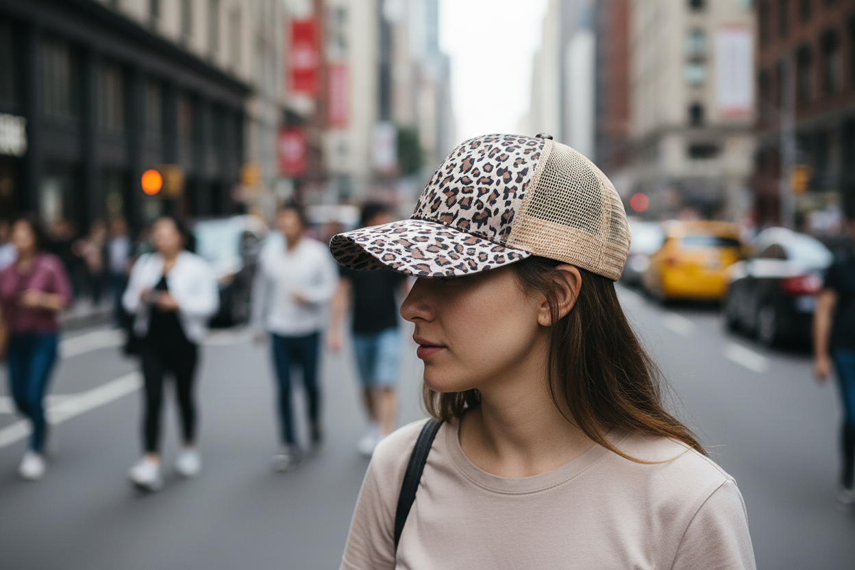 Leopard print cap with beige mesh back on a white background