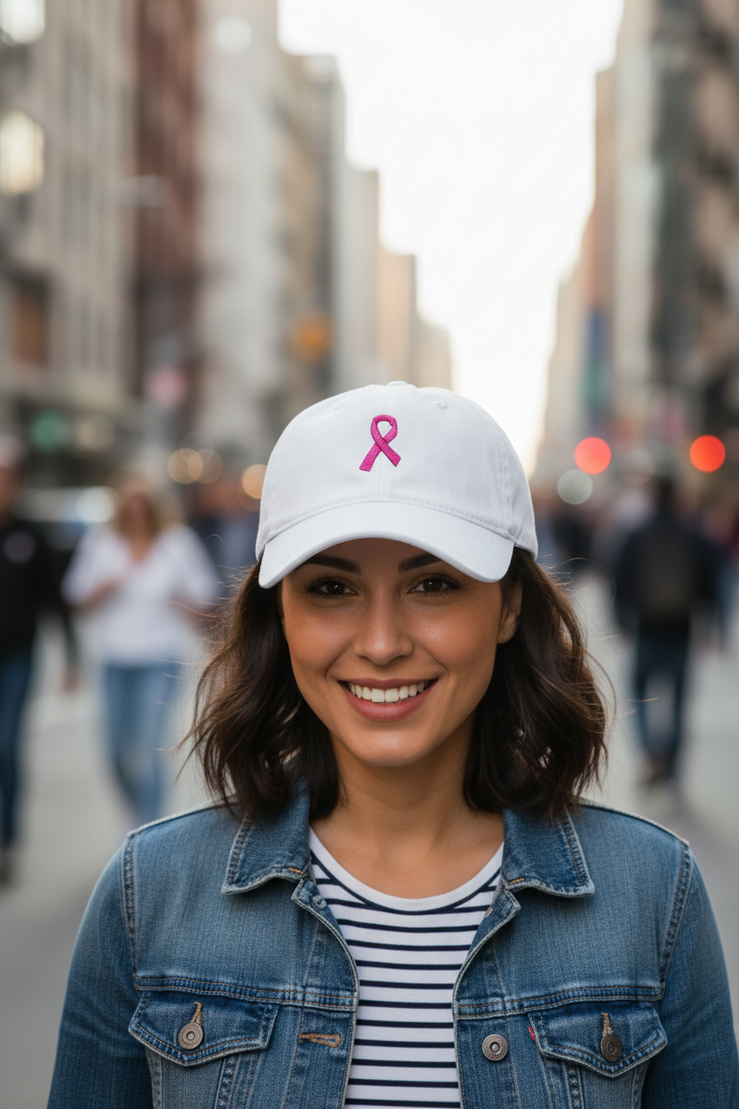 A white baseball cap with a pink ribbon embroidery on the front.