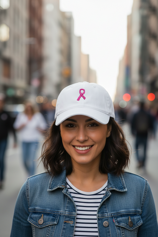A white baseball cap with a pink ribbon embroidery on the front.