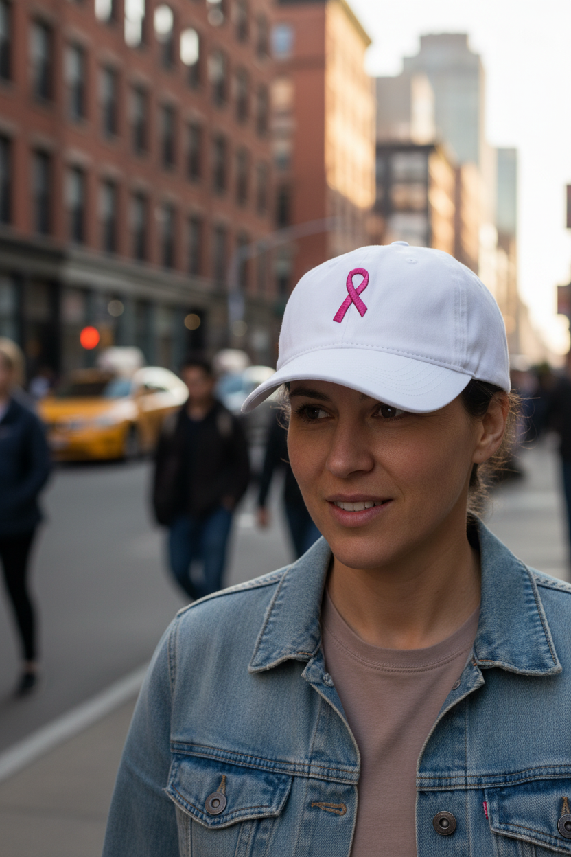 A white baseball cap with a pink ribbon embroidery on the front.