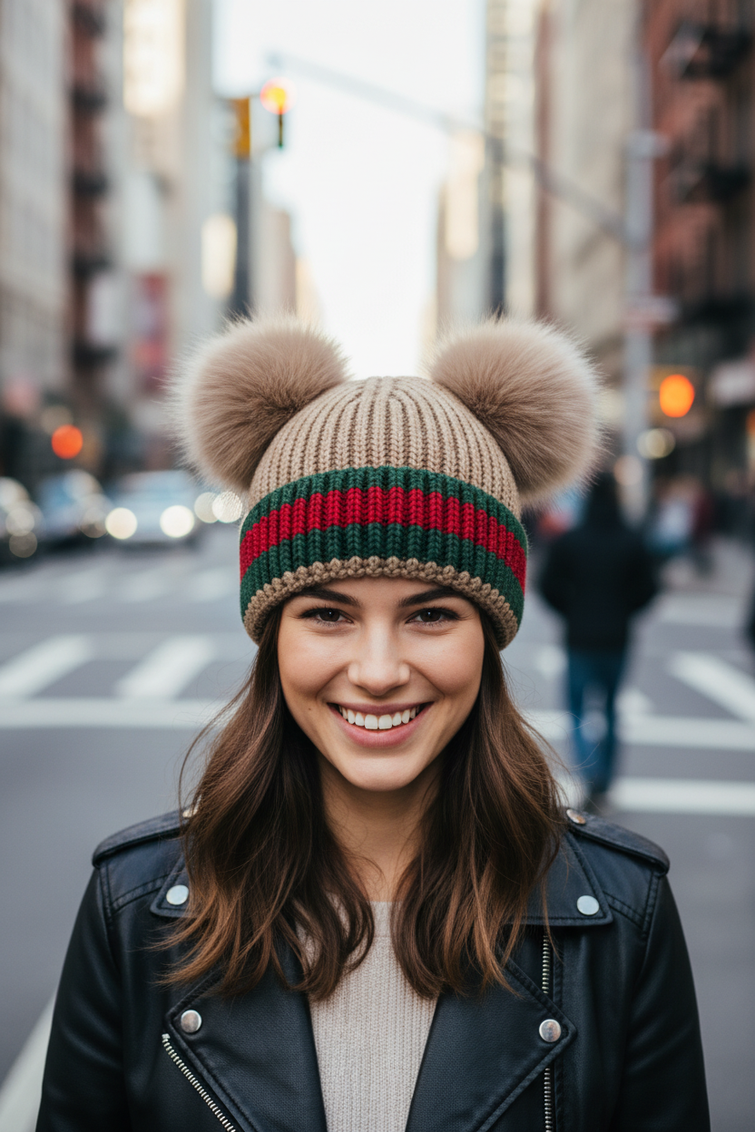 Knitted beanie with two pom-poms and a green and red stripe on a white background