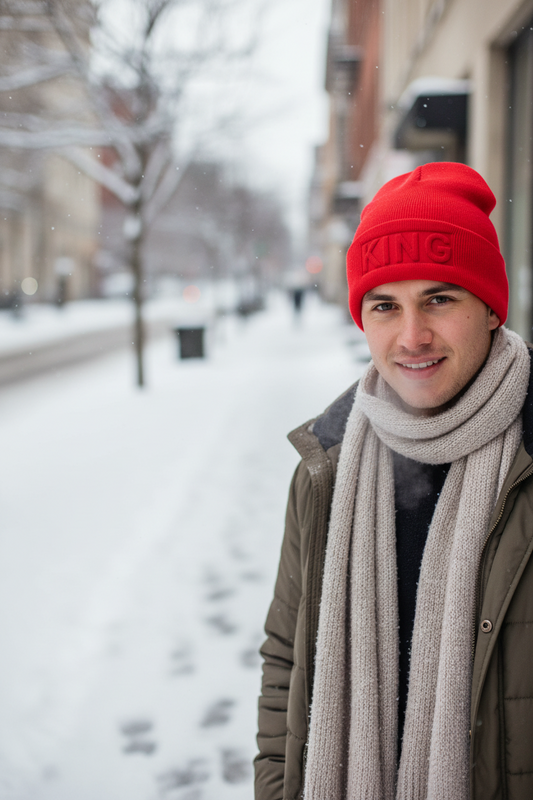 Red beanie with 'KING' embroidery on a gray background