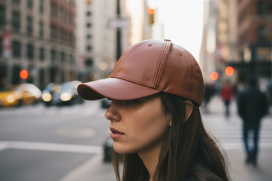 Three baseball caps in black, white, and pink colors made of leather displayed against a white background.