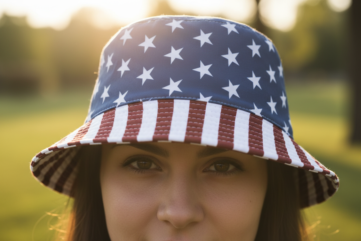 A bucket hat with a pattern of white stars on a dark navy blue background and a red and white striped band around the base.
