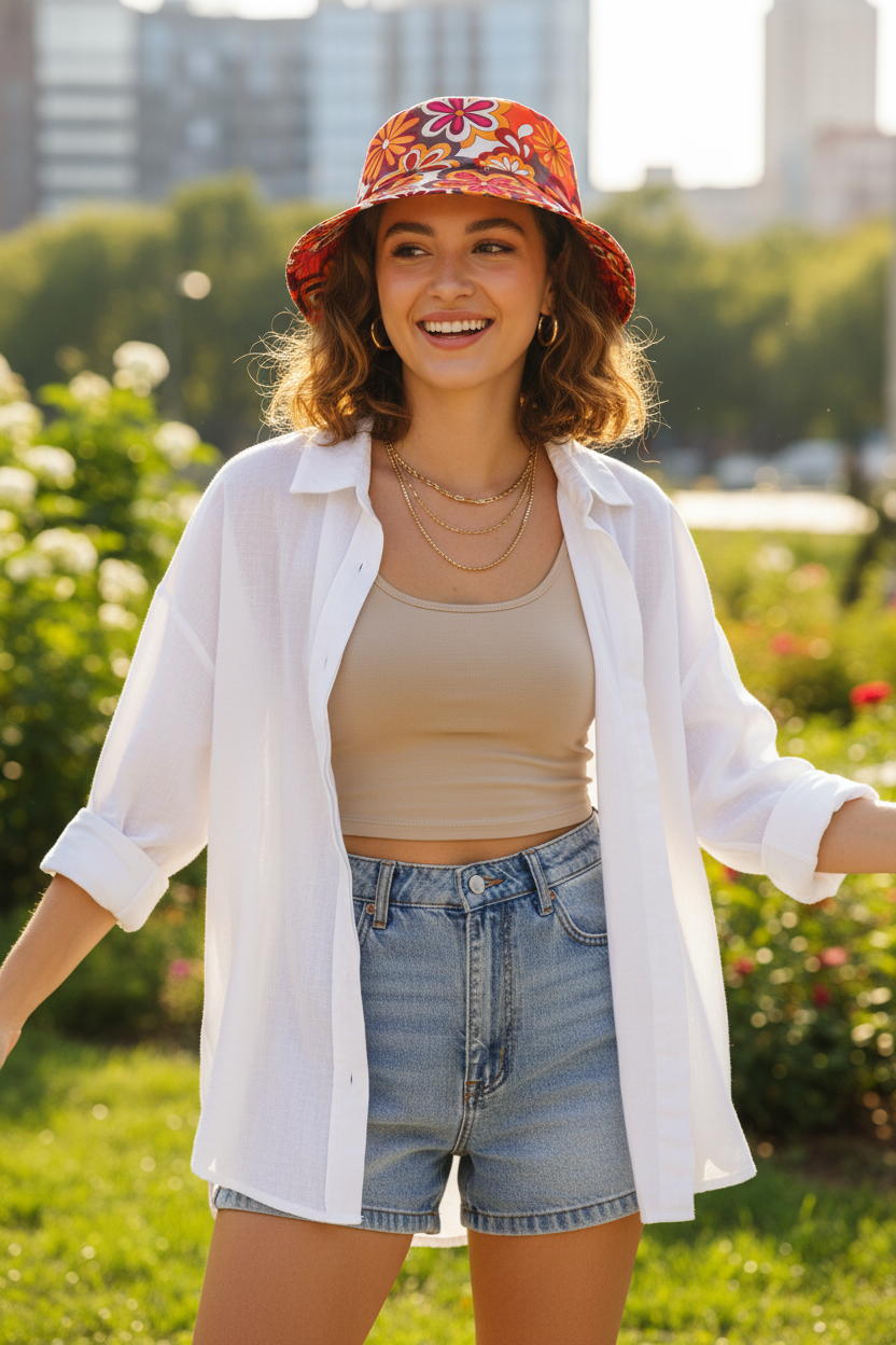 Floral Bucket Hat – Retro Polyester Sun Protection
