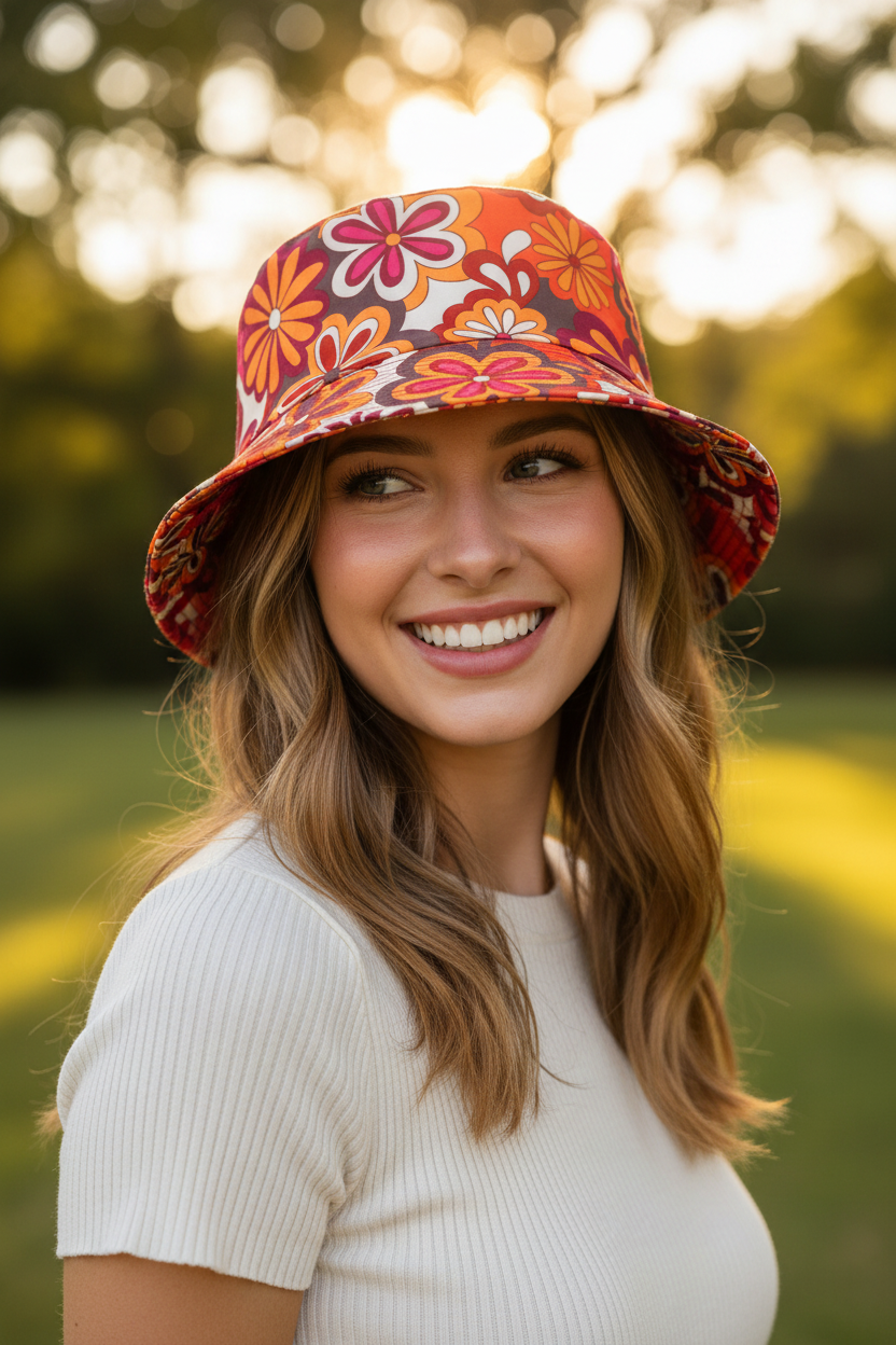 Floral Bucket Hat – Retro Polyester Sun Protection