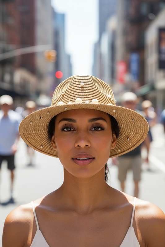 Beige straw hat with pearl embellishments on a gray surface
