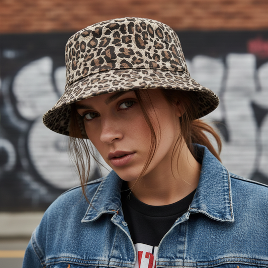 Leopard print bucket hat on a mannequin head against a white background