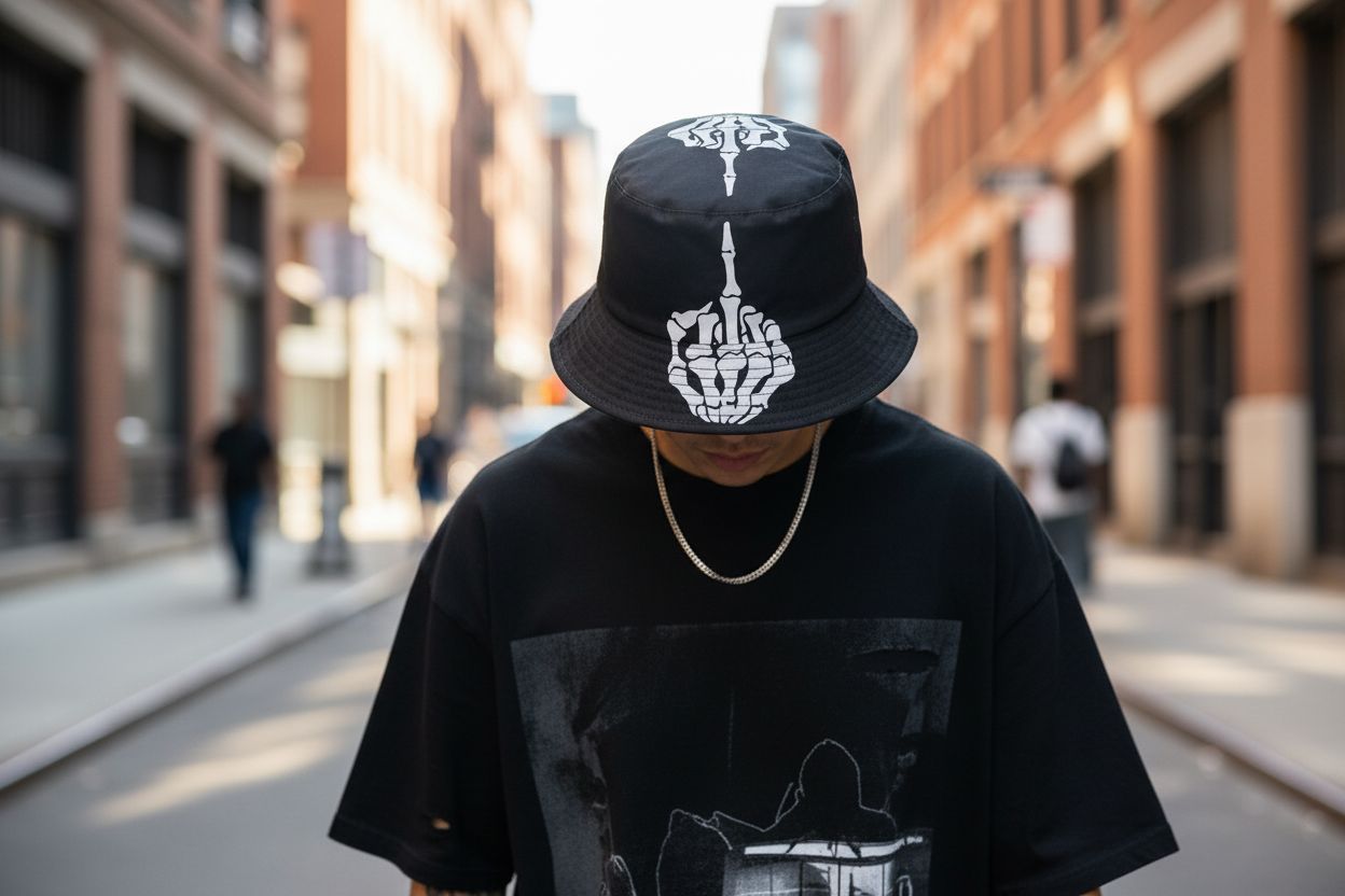 Black bucket hat with skeleton hand design on a white background