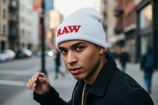 A black knitted hat with the red text 'RAW' embroidered on the fold.